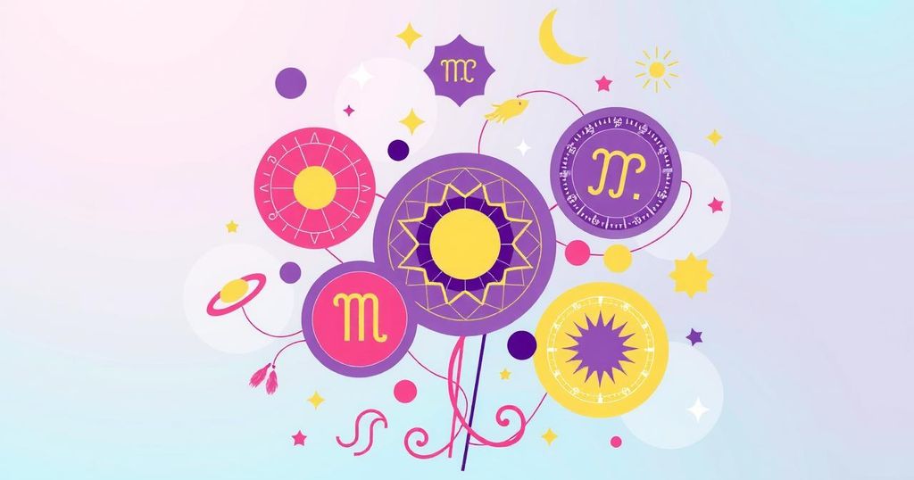 Blooming zodiac symbols with cheerful colours representing astrological insights