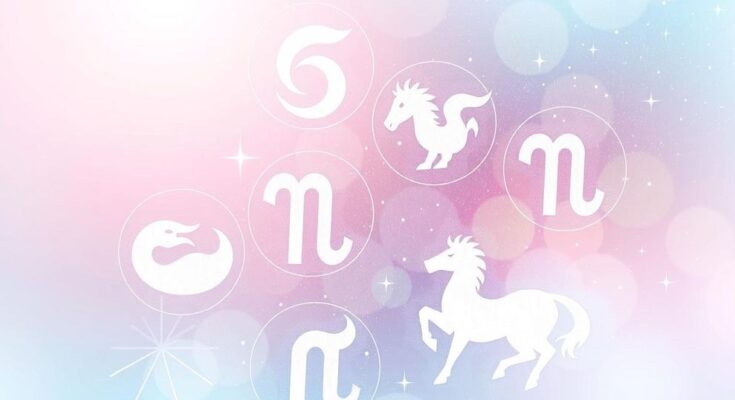 Celestial design with zodiac symbols, soft pastel colours, depicting astrology and cosmic themes.