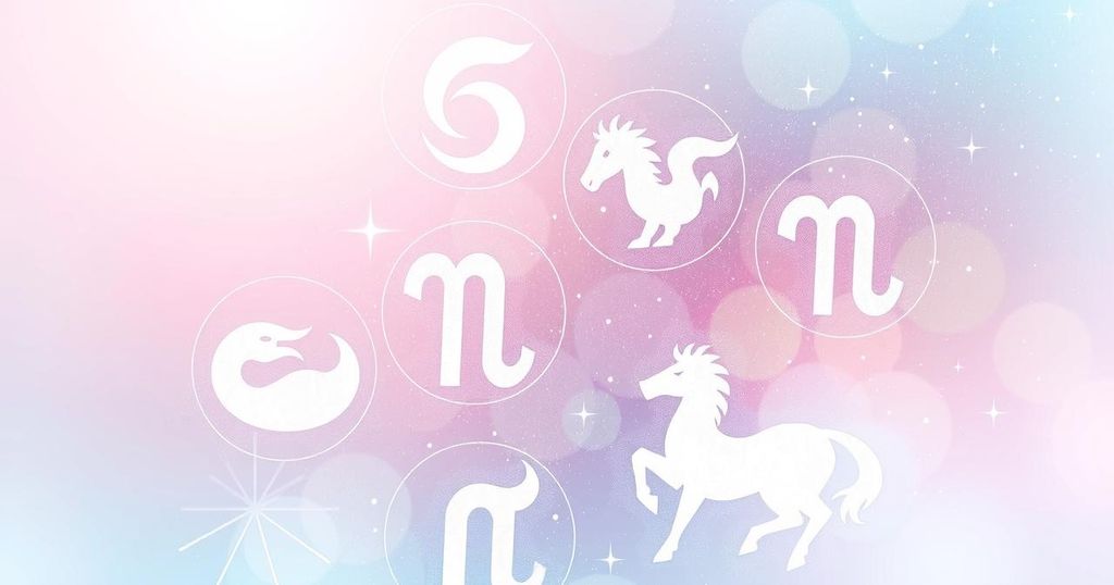Celestial design with zodiac symbols, soft pastel colours, depicting astrology and cosmic themes.