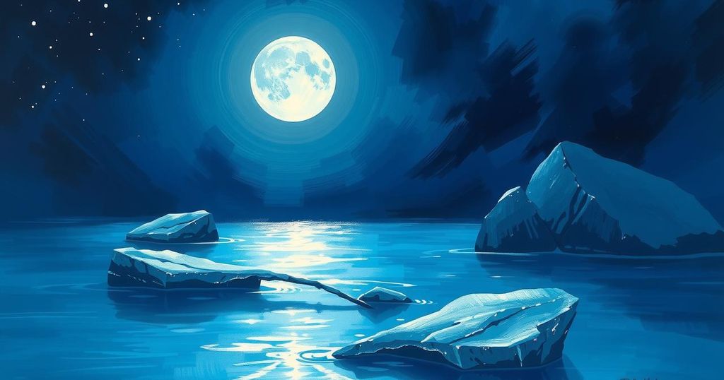 Celestial scene with a bright full moon over calm waters, symbolising emotional release and self-discovery.