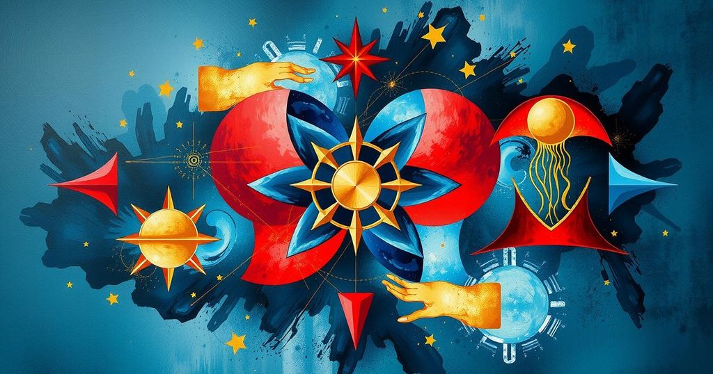 An abstract representation of zodiac signs with vibrant colours symbolising balance and cosmic energy.