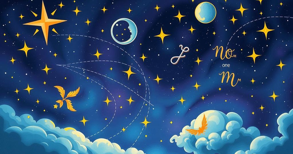 Starry night with zodiac symbols against a vibrant cosmic background, representing positive energy on May 19.