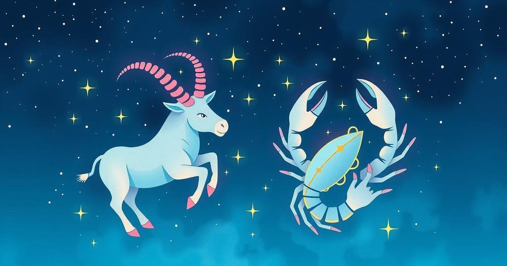 Serene cosmic scene featuring the zodiac symbols of Taurus and Cancer among a starry night sky and calming colours.