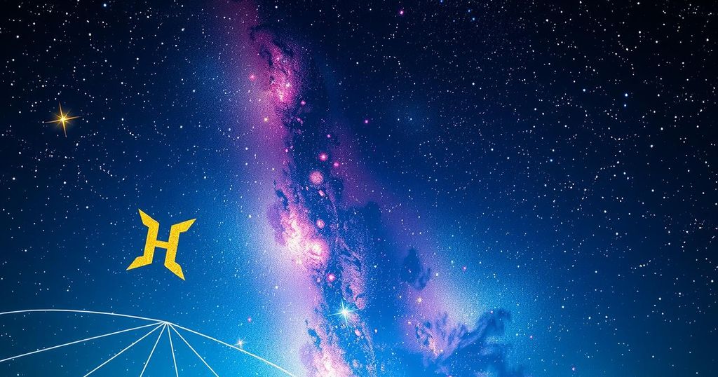 Starry night sky with constellations and zodiac signs, representing astrology and horoscopes.