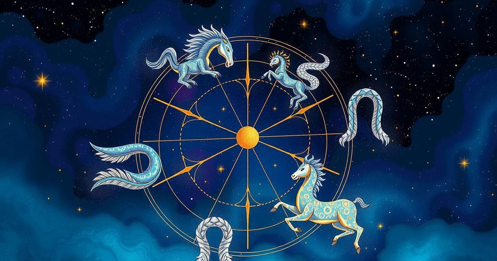 Astrology-themed illustration of zodiac signs against a starry background with vibrant colours and celestial motifs.