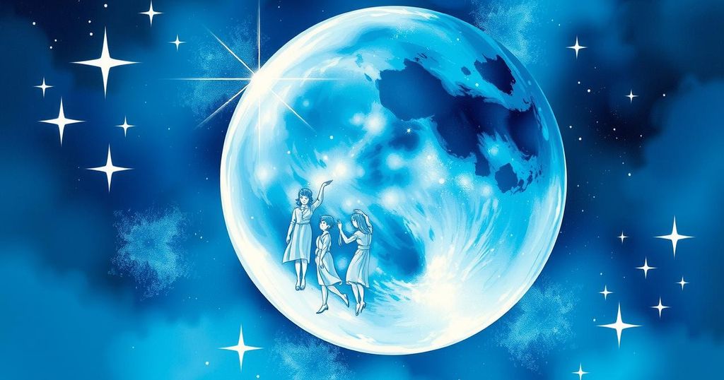 A celestial-themed illustration of a new moon in Gemini, symbolizing communication and new beginnings.