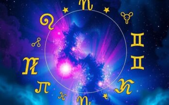 Astrological symbols representing different zodiac signs against a colourful celestial background.