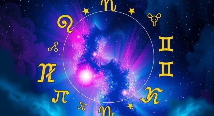 Astrological symbols representing different zodiac signs against a colourful celestial background.