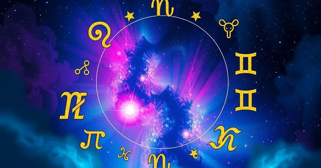 Astrological symbols representing different zodiac signs against a colourful celestial background.