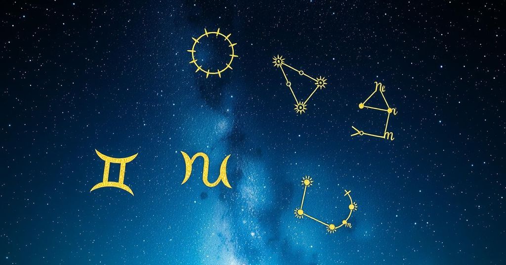 Astrological symbols and constellations against a starry backdrop, featuring deep blues and shimmering golds.