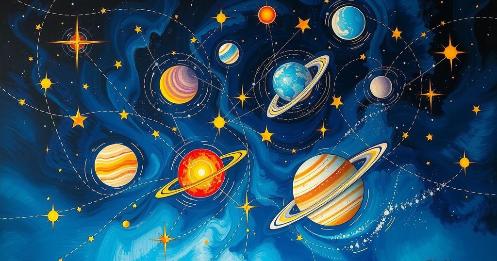 A vibrant depiction of celestial bodies in alignment, symbolizing astrology and cosmic energies.