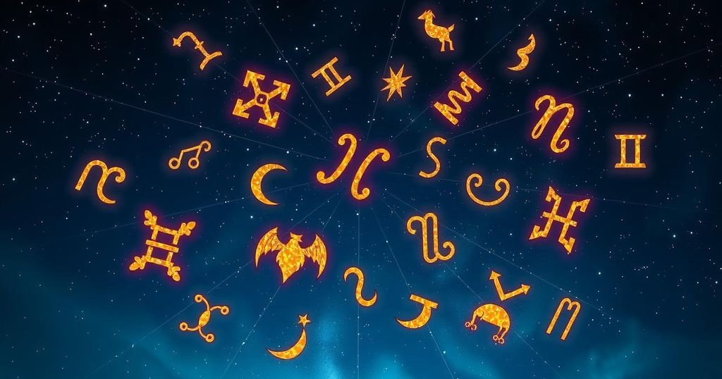 A vibrant celestial scene with constellations representing zodiac signs, in deep blue and gold hues, capturing the essence of astrological forecasts.