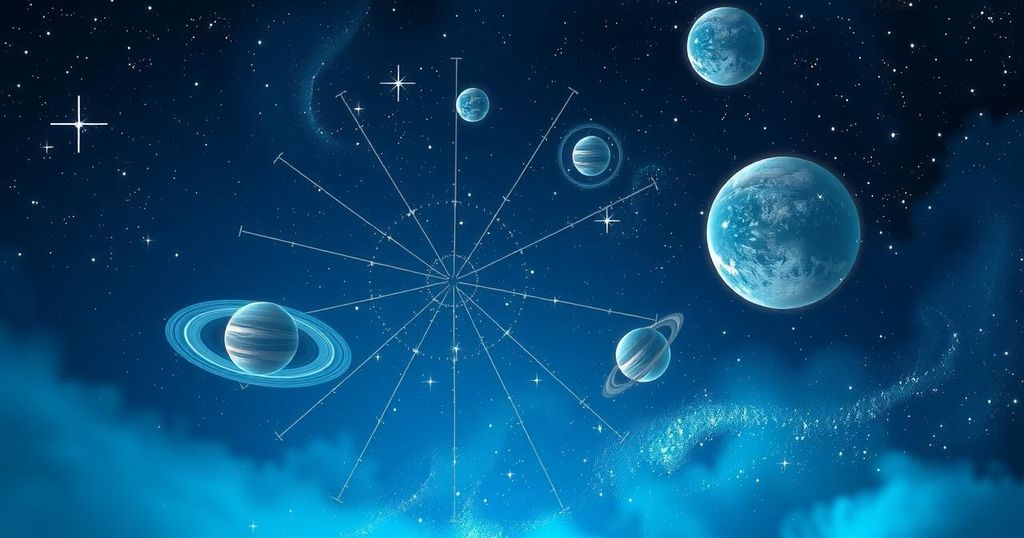 A cosmic scene featuring twinkling stars and planets against a deep blue night sky, symbolizing horoscopes and astrology.