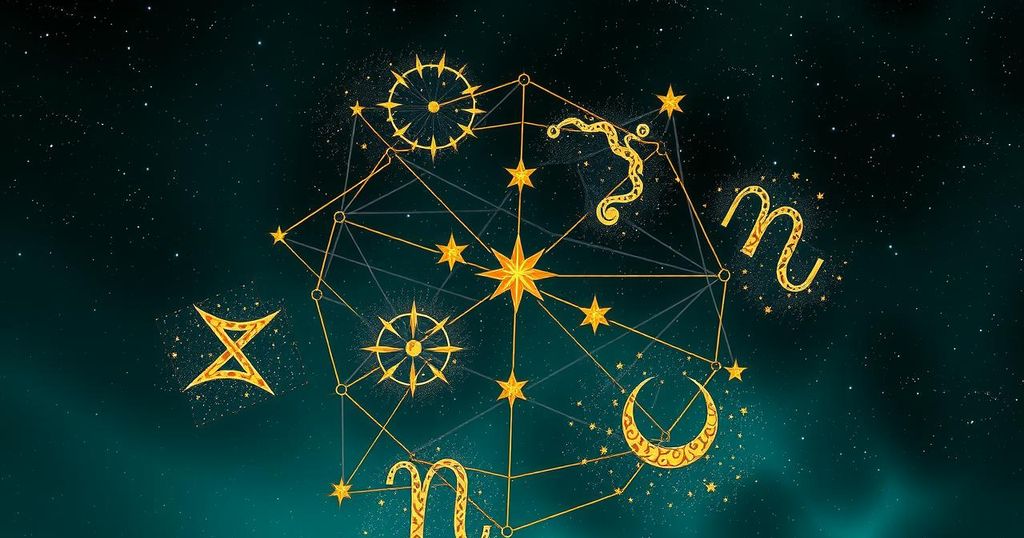 A celestial chart featuring zodiac signs, stars, and planets in an earthy colour palette, symbolizing astrology and good fortune.