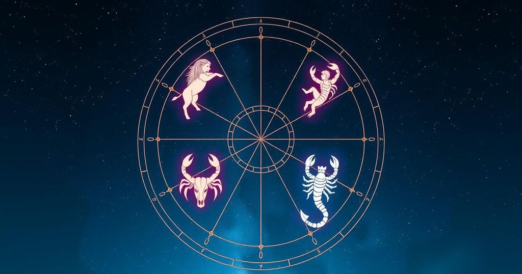 A stylised zodiac wheel featuring Scorpio, Taurus, Leo, and Aquarius constellations against a midnight blue background.