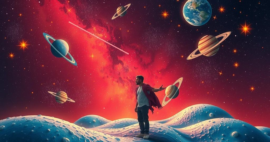 A vibrant cosmic scene featuring stars and planets representing astrological energy and romance in the sky.