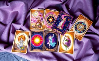 A colourful array of tarot cards laid face up with a celestial background, representing zodiac signs and their fortunes.