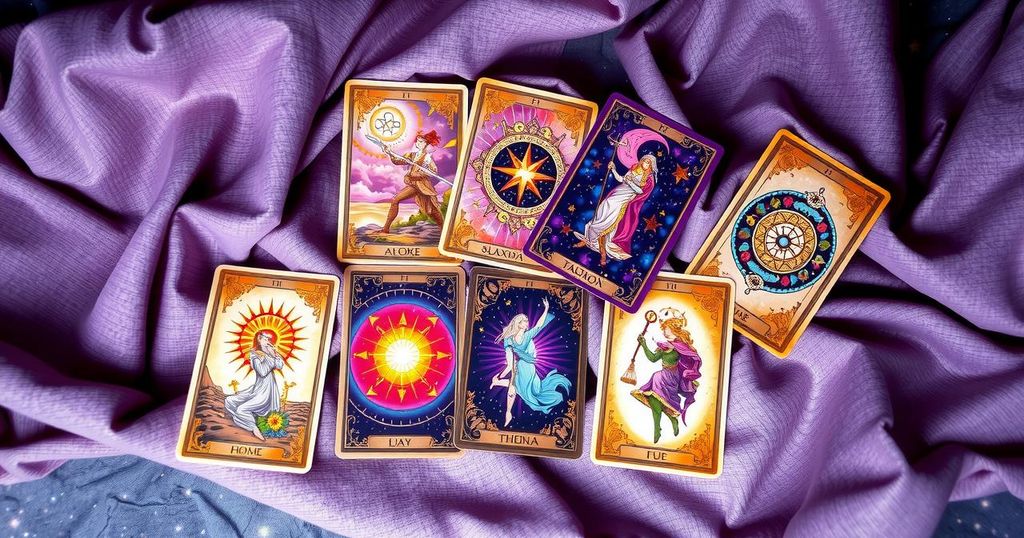 A colourful array of tarot cards laid face up with a celestial background, representing zodiac signs and their fortunes.