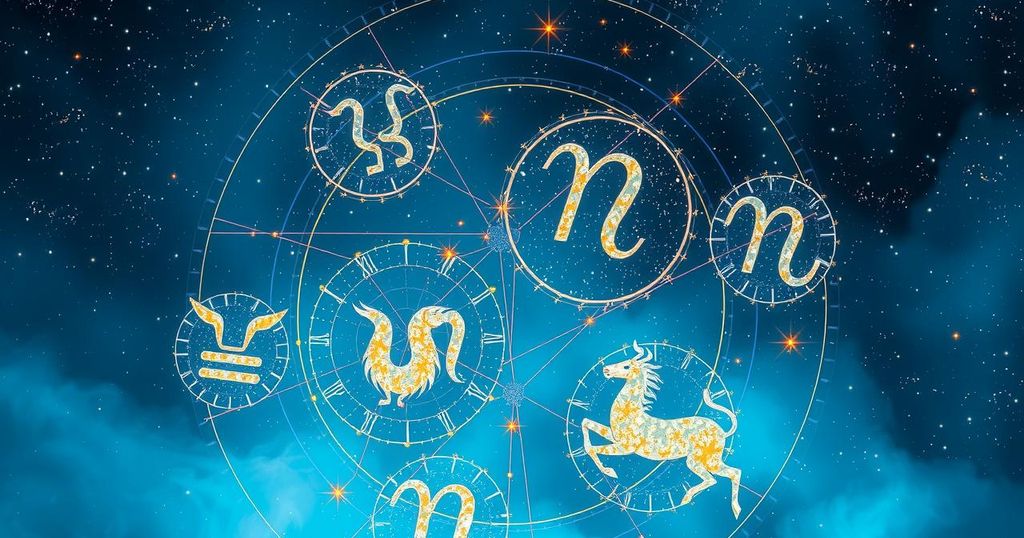 Astrology theme with zodiac signs, celestial elements, and an ethereal colour palette of blues and golds.
