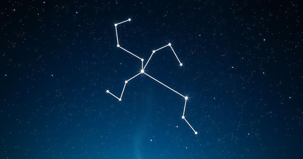 Aquarius constellation in night sky with stars and a deep navy blue background, symbolising astrology and new opportunities.