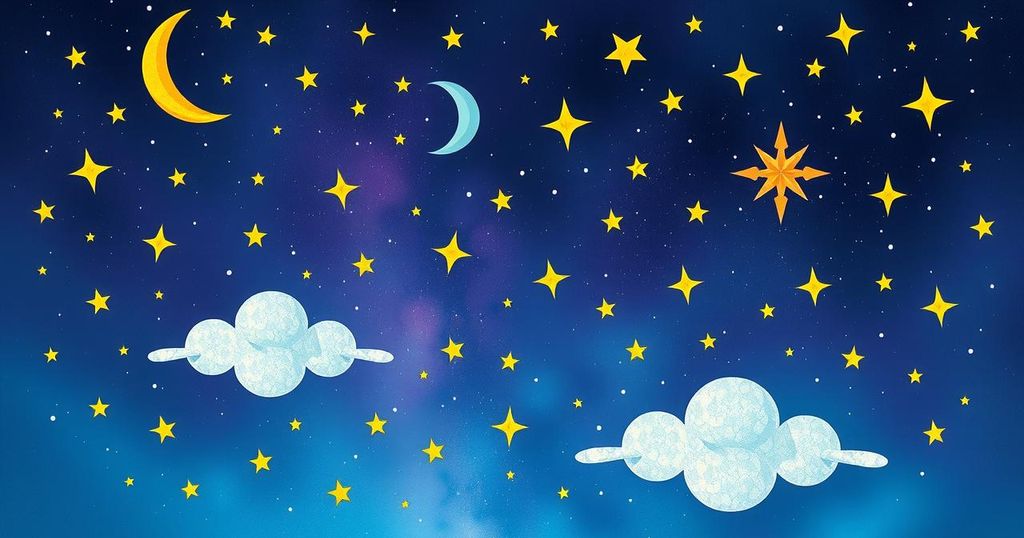 A celestial scene depicting the zodiac signs and cosmic elements under a vibrant night sky.