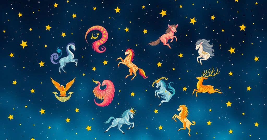 A celestial scene depicting zodiac signs in a starry night sky with vibrant hues of blue and gold.