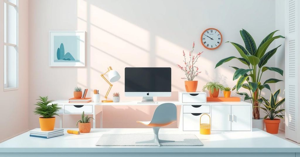 A serene office workspace highlighting balance with playfulness amidst a calm atmosphere, featuring vibrant colours.