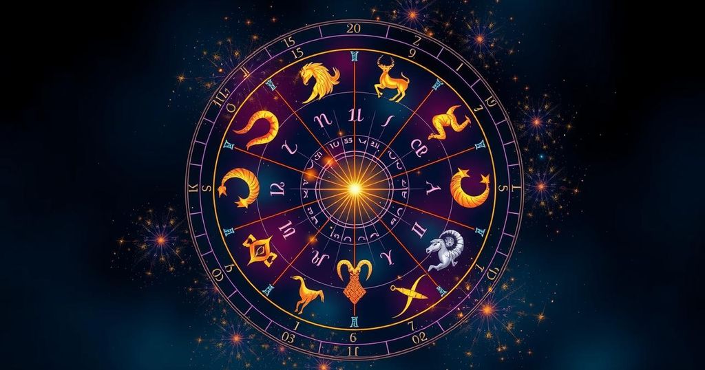 A vibrant zodiac wheel with astrological symbols and constellations on a dark blue background.