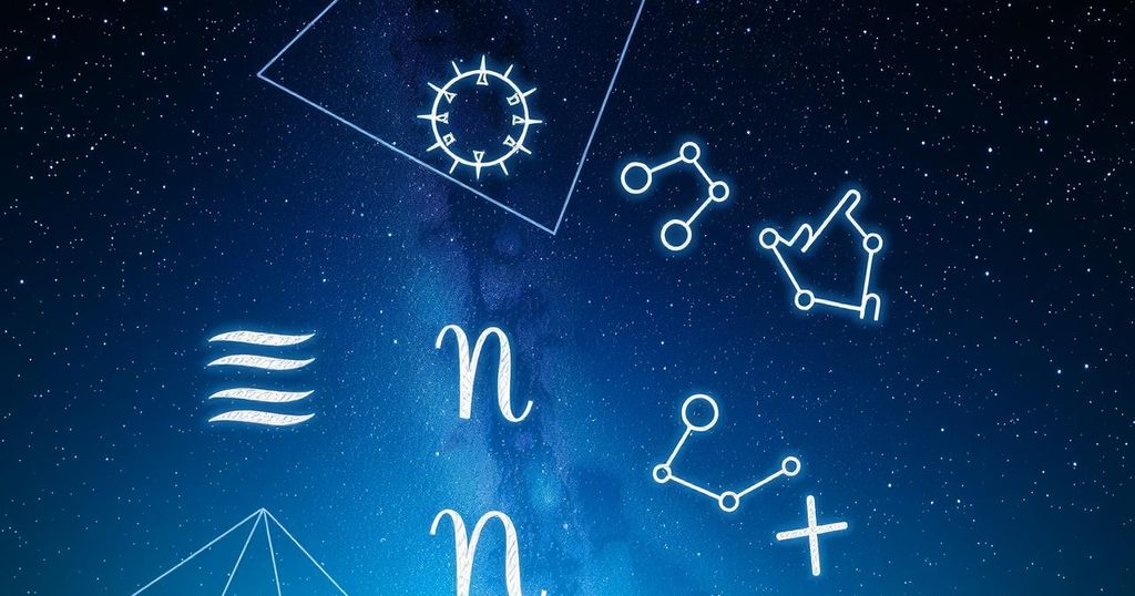 Astrological symbols against a starry night sky with zodiac constellations and celestial alignment imagery.