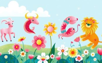Astrological symbols representing Aries, Virgo, Taurus, Cancer, and Leo in a vibrant spring landscape.