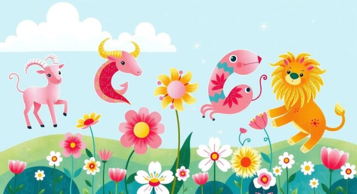 Astrological symbols representing Aries, Virgo, Taurus, Cancer, and Leo in a vibrant spring landscape.