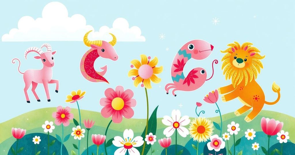 Astrological symbols representing Aries, Virgo, Taurus, Cancer, and Leo in a vibrant spring landscape.