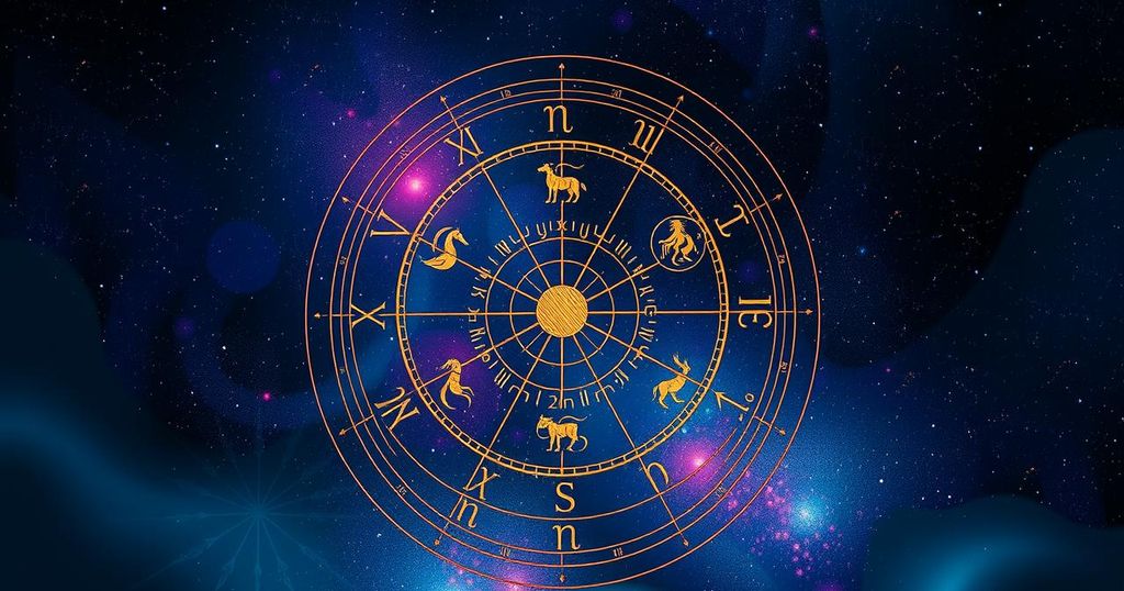 A vibrant zodiac wheel featuring all twelve signs against a cosmic backdrop with astrological symbols.