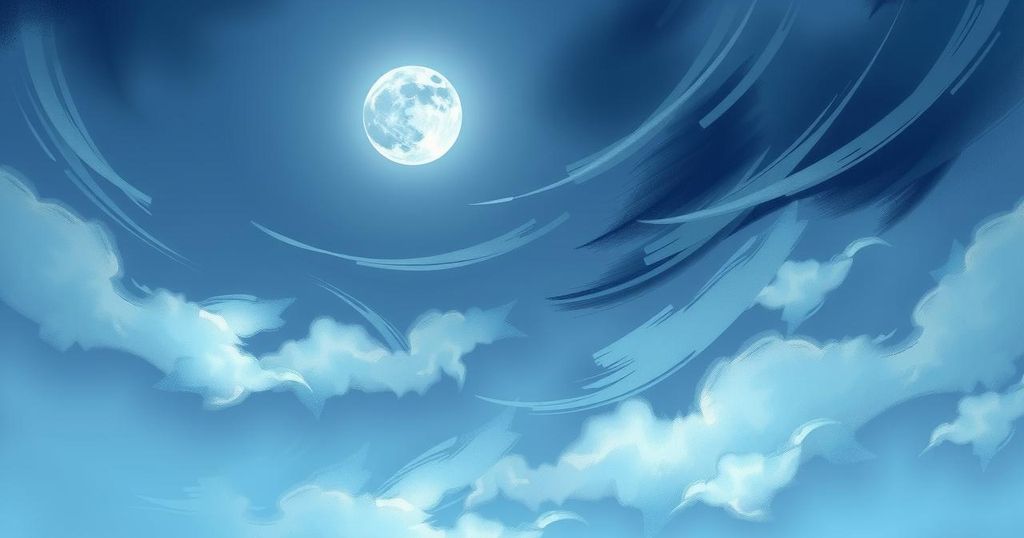 A mystical night sky with a bright first quarter moon and soft clouds, evoking the astrology theme of love and decisions.