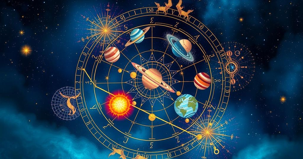 A captivating astrological chart with zodiac symbols and planetary alignments set against a starry night background.