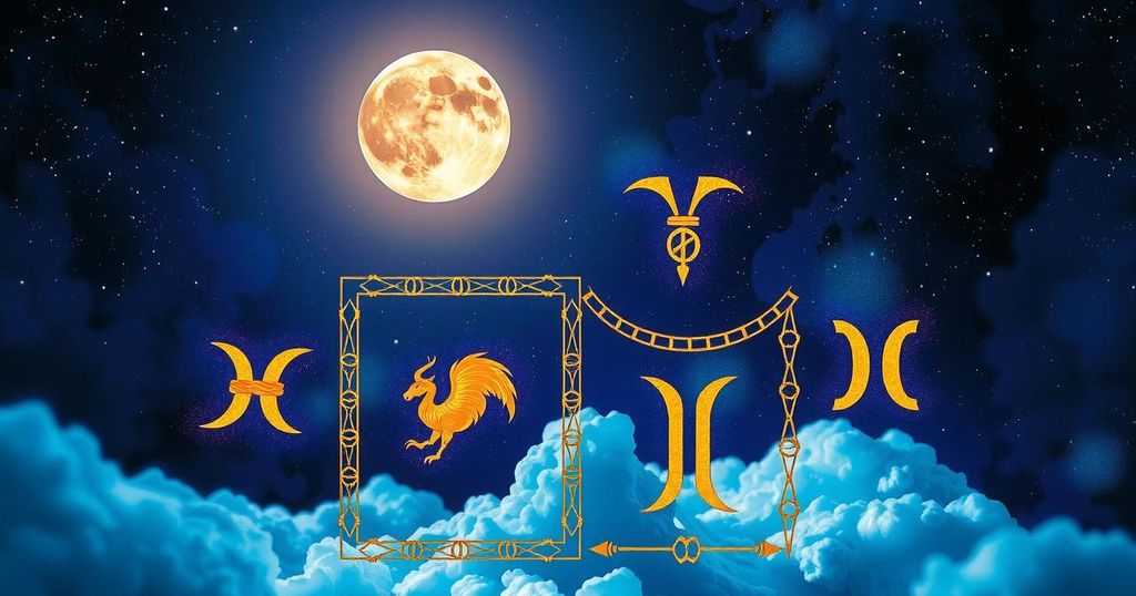 Zodiac symbols on a celestial background, featuring a full moon and stars in vibrant colours, inspired by astrology art.
