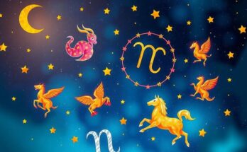 Astrological symbols surrounded by vibrant celestial colours representing zodiac characteristics and lunar phases.