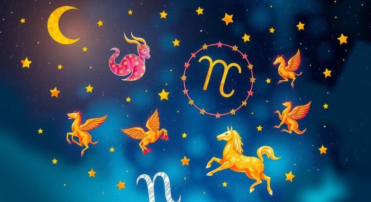 Astrological symbols surrounded by vibrant celestial colours representing zodiac characteristics and lunar phases.