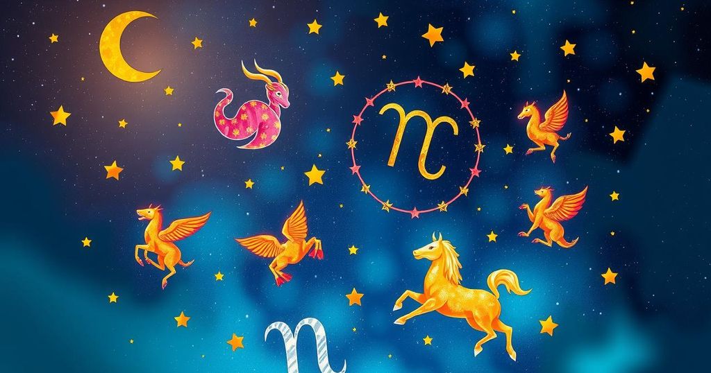 Astrological symbols surrounded by vibrant celestial colours representing zodiac characteristics and lunar phases.