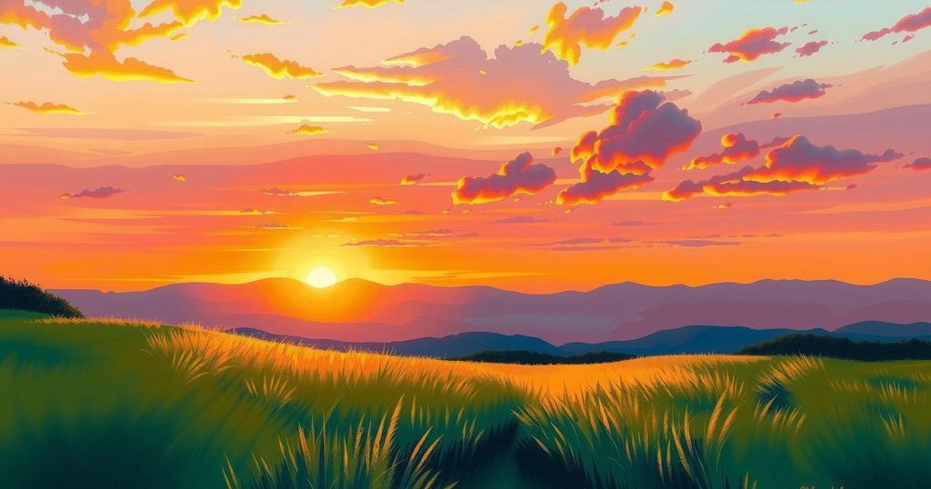 A serene landscape with vivid colours, showcasing a dreamy sunset, enhancing the sense of creativity and calm.