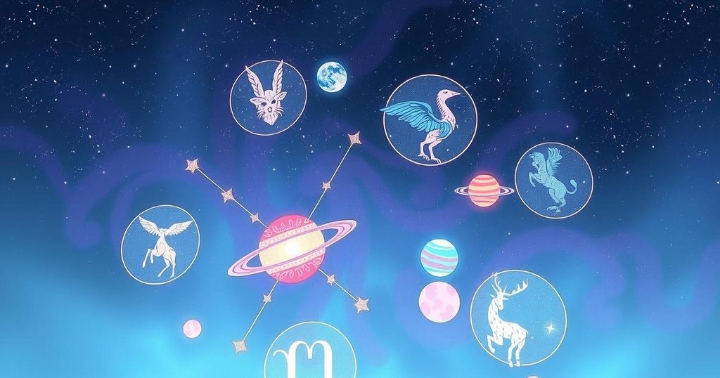 Celestial alignment with zodiac signs, stars and planetary icons against a cosmic-themed pastel background.