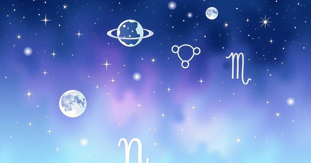 Symbolic representation of zodiac signs with celestial elements and a calming colour palette for horoscopes.