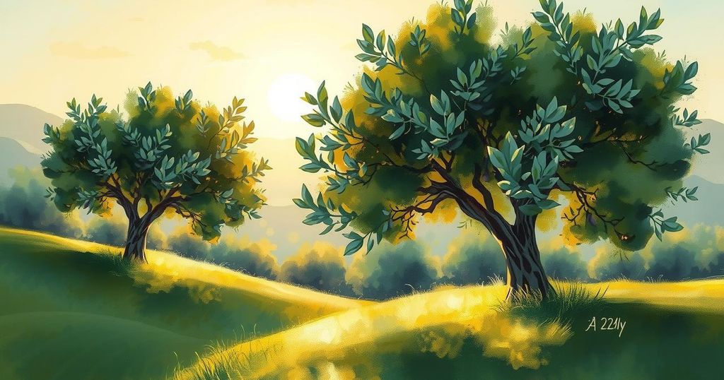 A harmonious nature scene depicting olive trees bathed in soft sunlight, representing balance and positivity.