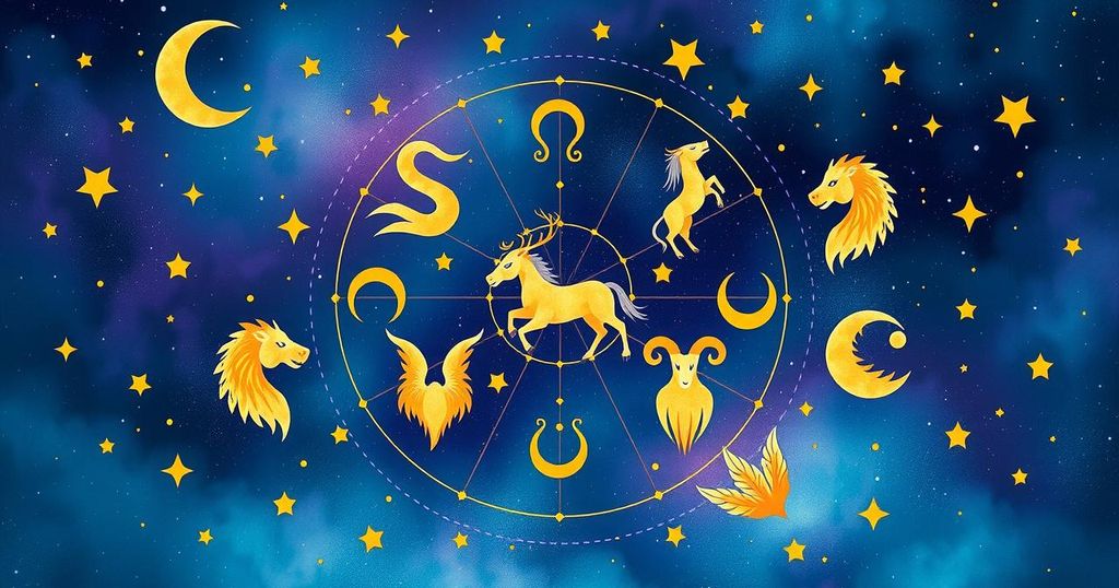 Illustration of zodiac signs with celestial patterns and colours representing astrological themes.