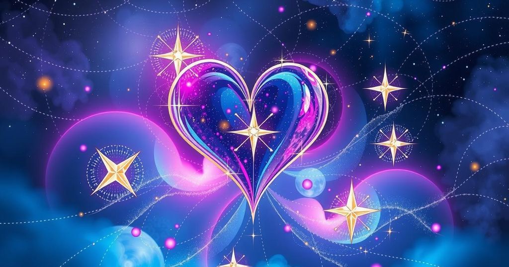Astrological symbols with celestial bodies on a cosmic background, reflecting love and harmony in relationships.