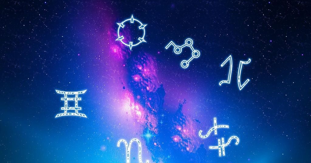 A vibrant cosmic illustration depicting zodiac symbols and celestial elements in a mystical night sky.