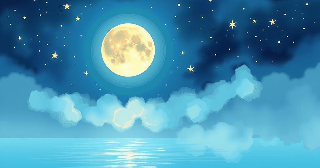 A glowing full moon with sparkling stars against a night sky, symbolising joy and positivity.