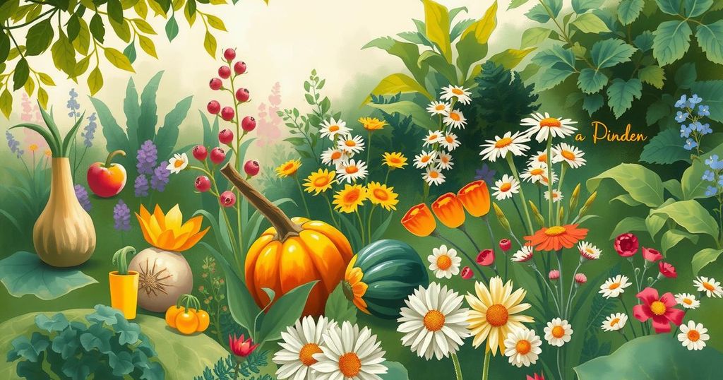 A serene landscape with a sunlit garden filled with diverse vegetables and flowers, showcasing nature's beauty.