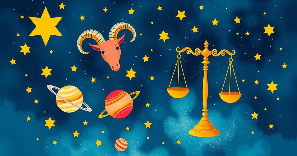 A celestial scene with zodiac signs, featuring Aries and Libra radiating positive energy under cosmic influences.