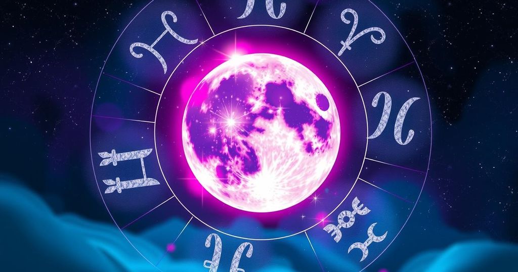 An abstract cosmic scene with a celestial theme featuring a full moon, zodiac symbols, and starry sky.